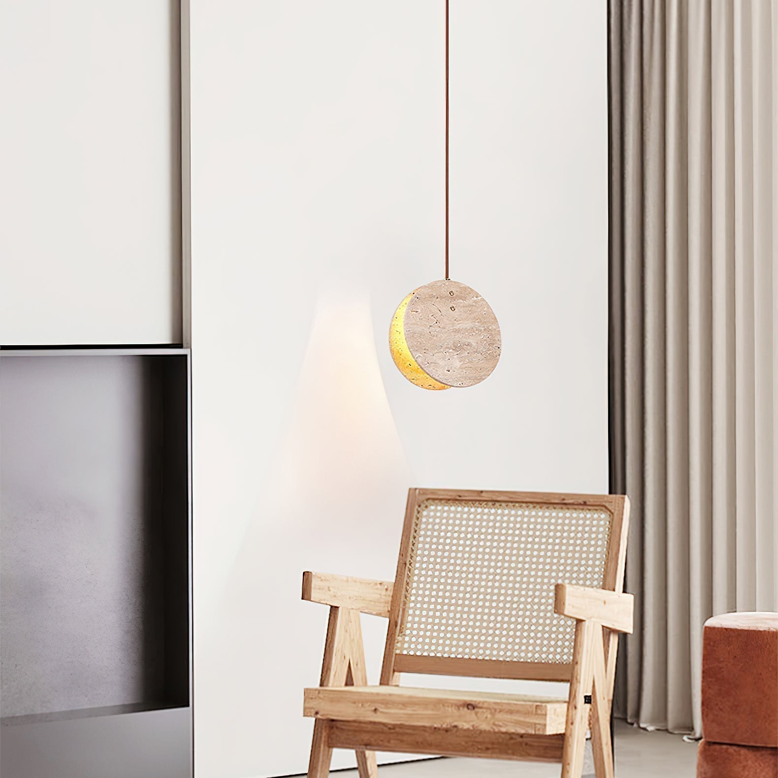 Modern Yellow Travertine Stone Disc Pendant Light Minimalist Circular Hanging Lamp