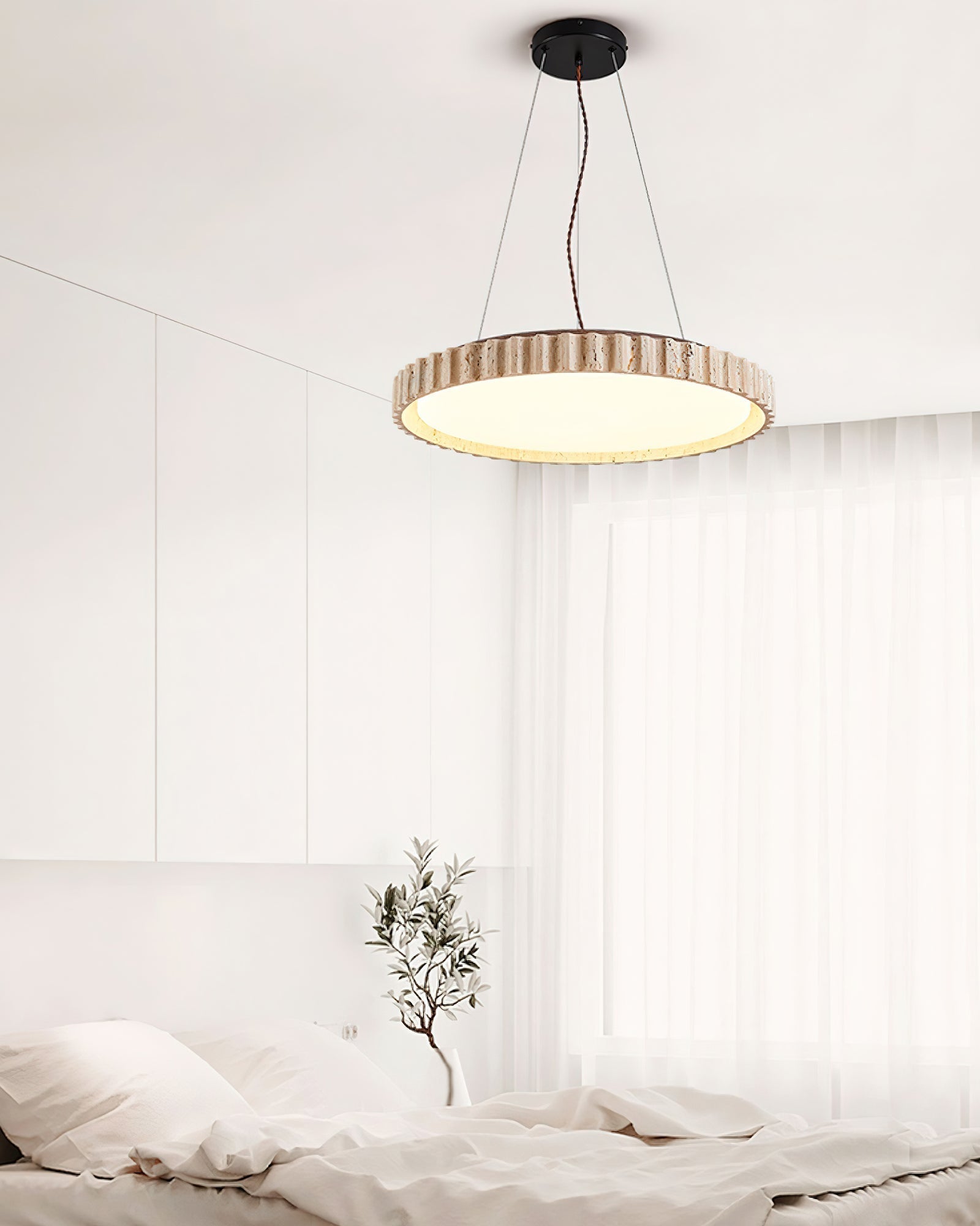 Modern Yellow Travertine Stone LED Pendant Light Grove Circle Ceiling Hanging Lamp for Kitchen