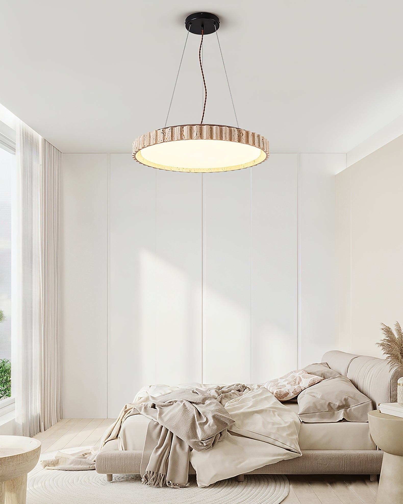 Modern Yellow Travertine Stone LED Pendant Light Grove Circle Ceiling Hanging Lamp for Kitchen