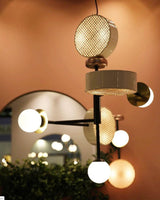 Monaco Modern Abstract Sculptural Pendant Light with Rattan and Glass Spheres