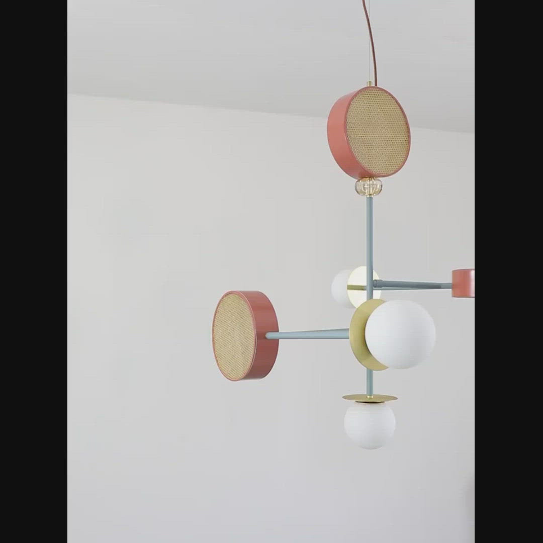 Monaco Modern Abstract Sculptural Pendant Light with Rattan and Glass Spheres