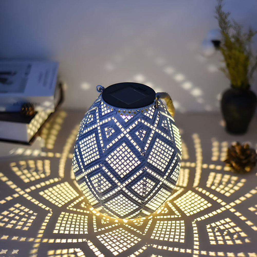 Moroccan Style Outdoor Solar Hanging Lantern White Hemp Rope LED Decorative Garden Light
