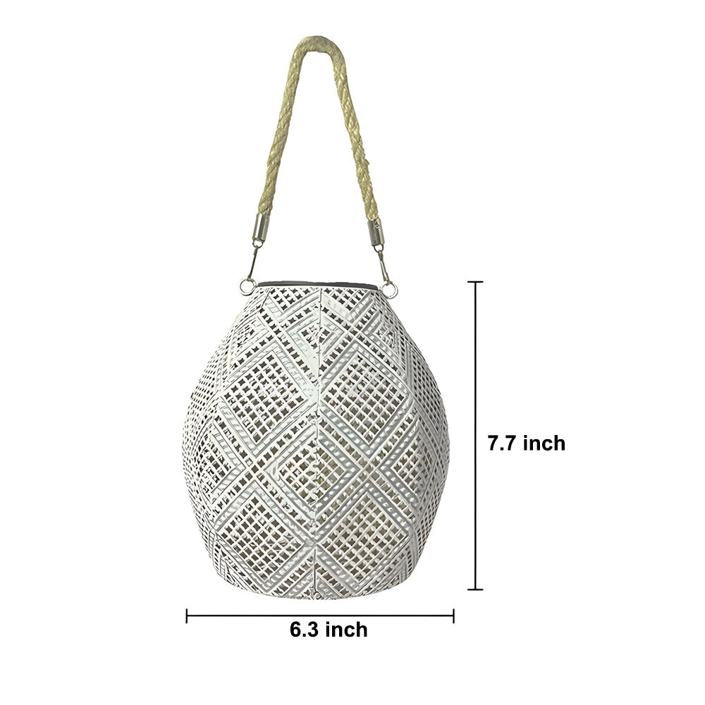 Moroccan Style Outdoor Solar Hanging Lantern White Hemp Rope LED Decorative Garden Light