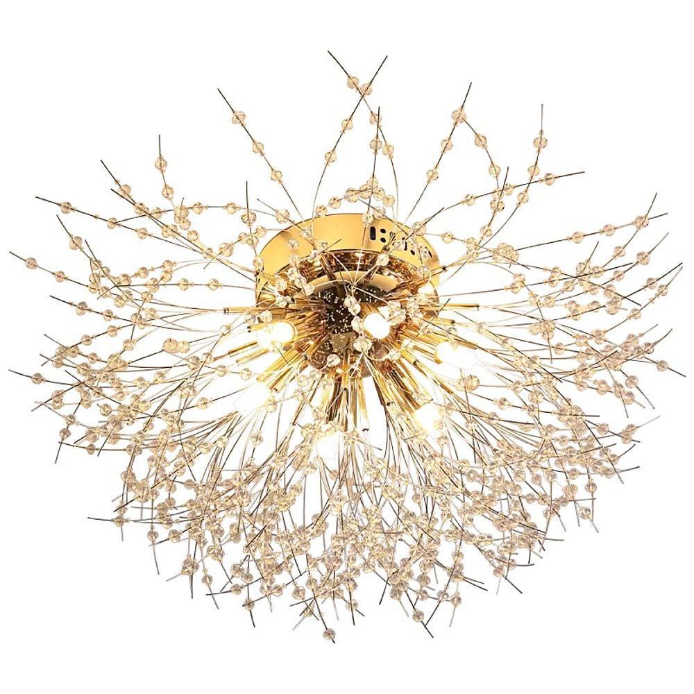 Elegant Flower Branch Crystal Ceiling Lamp 6 Light Brass Flush Mount Lighting