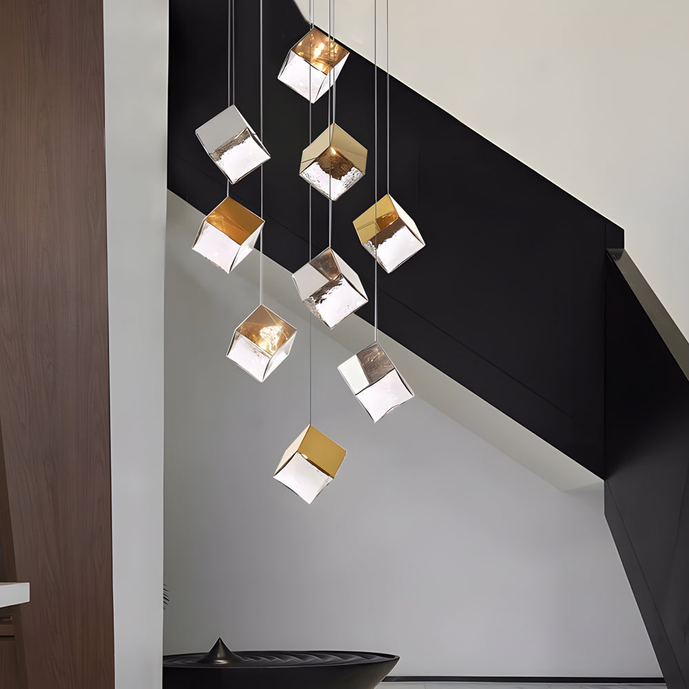 Multi Light Glass Ice Cube LED Pendant for Modern Staircase and Foyer in Gold or Chrome