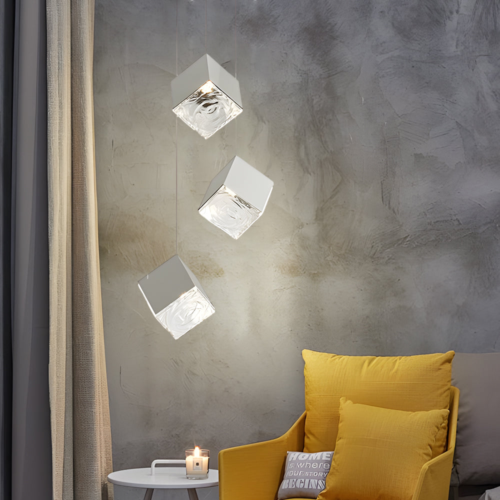 Multi Light Glass Ice Cube LED Pendant for Modern Staircase and Foyer in Gold or Chrome