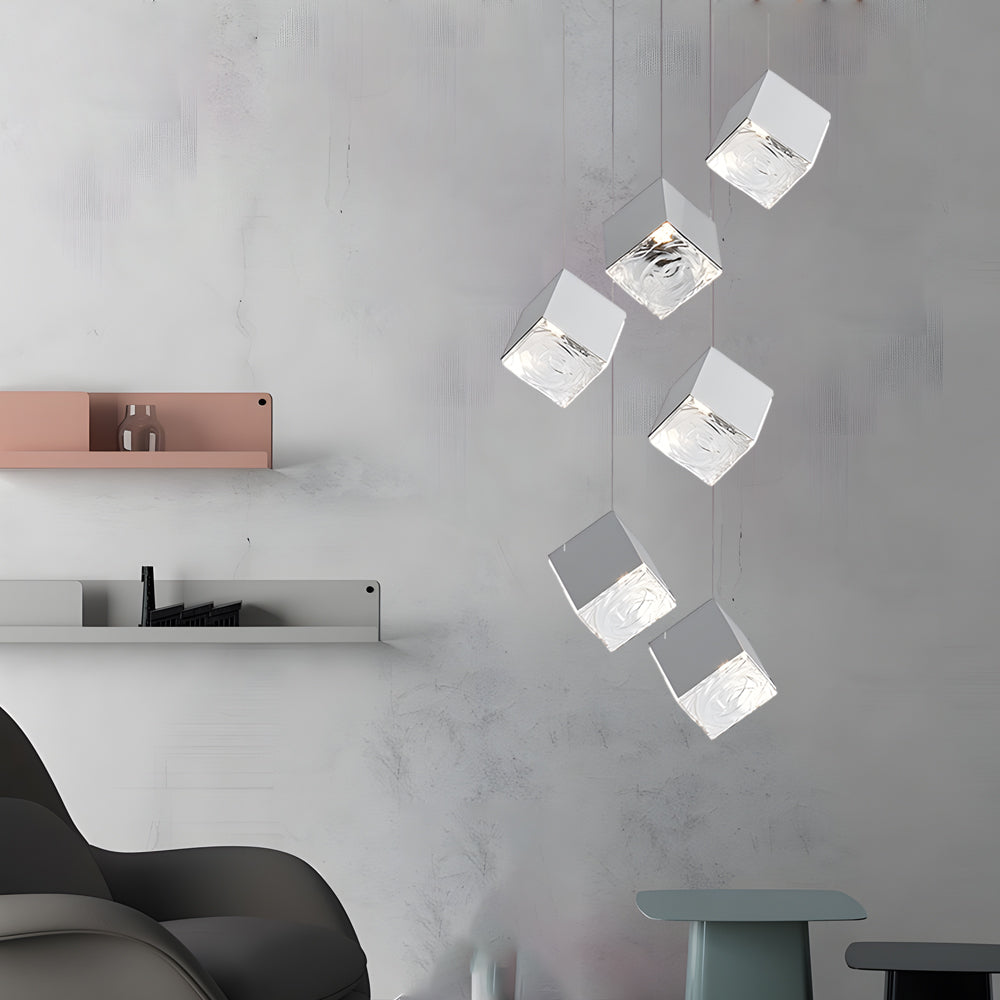 Multi Light Glass Ice Cube LED Pendant for Modern Staircase and Foyer in Gold or Chrome