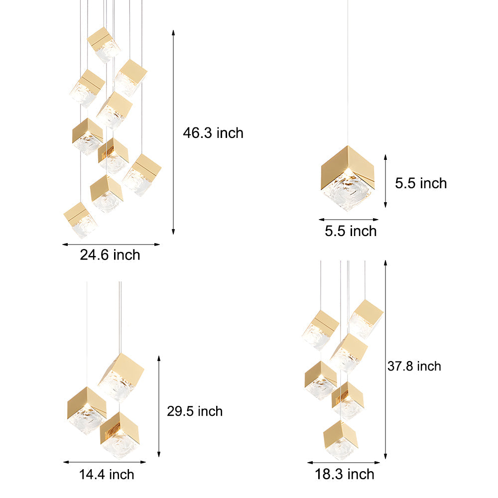 Multi Light Glass Ice Cube LED Pendant for Modern Staircase and Foyer in Gold or Chrome