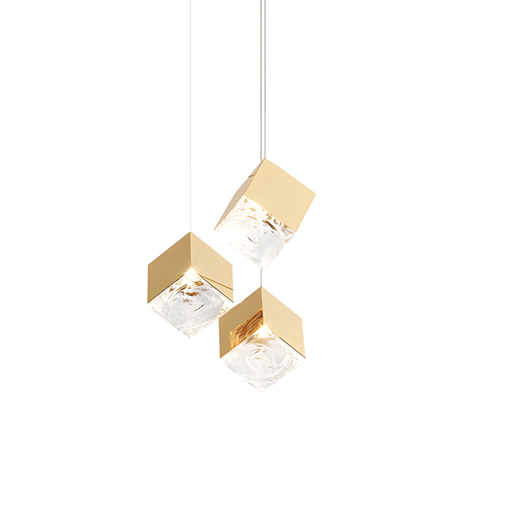 Multi Light Glass Ice Cube LED Pendant for Modern Staircase and Foyer in Gold or Chrome