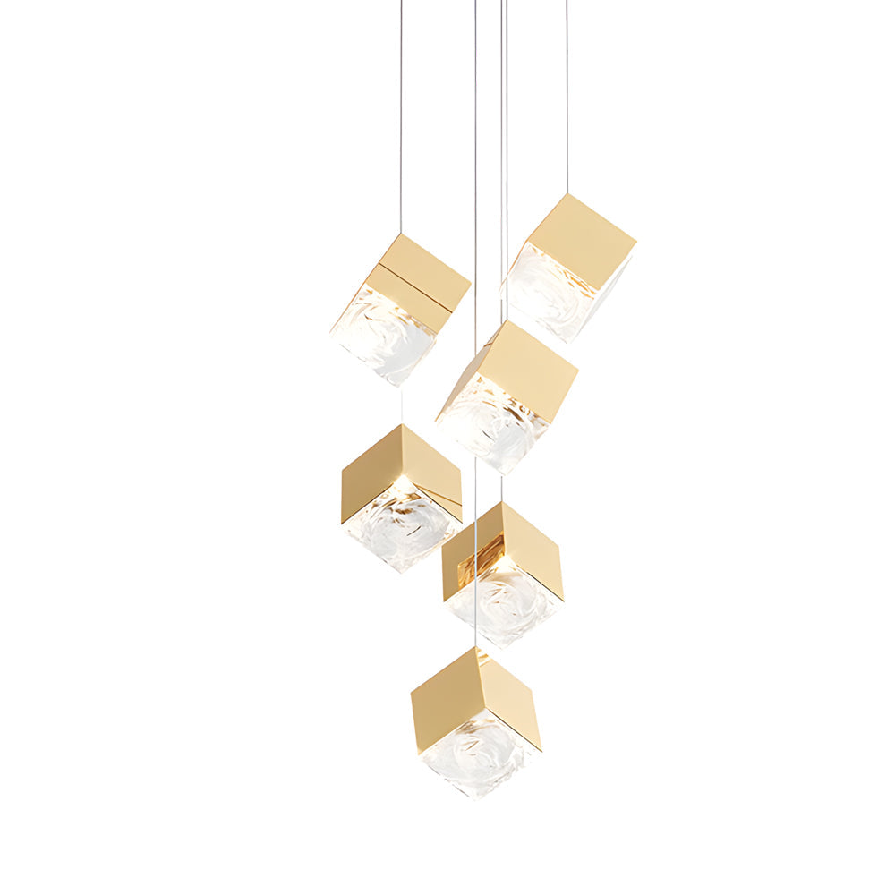Multi Light Glass Ice Cube LED Pendant for Modern Staircase and Foyer in Gold or Chrome