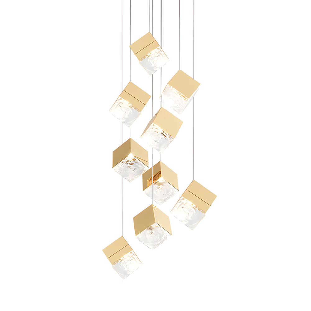 Multi Light Glass Ice Cube LED Pendant for Modern Staircase and Foyer in Gold or Chrome