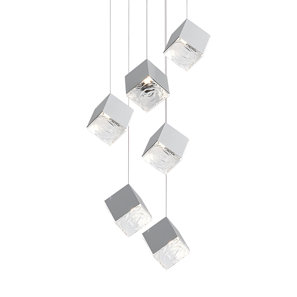 Multi Light Glass Ice Cube LED Pendant for Modern Staircase and Foyer in Gold or Chrome