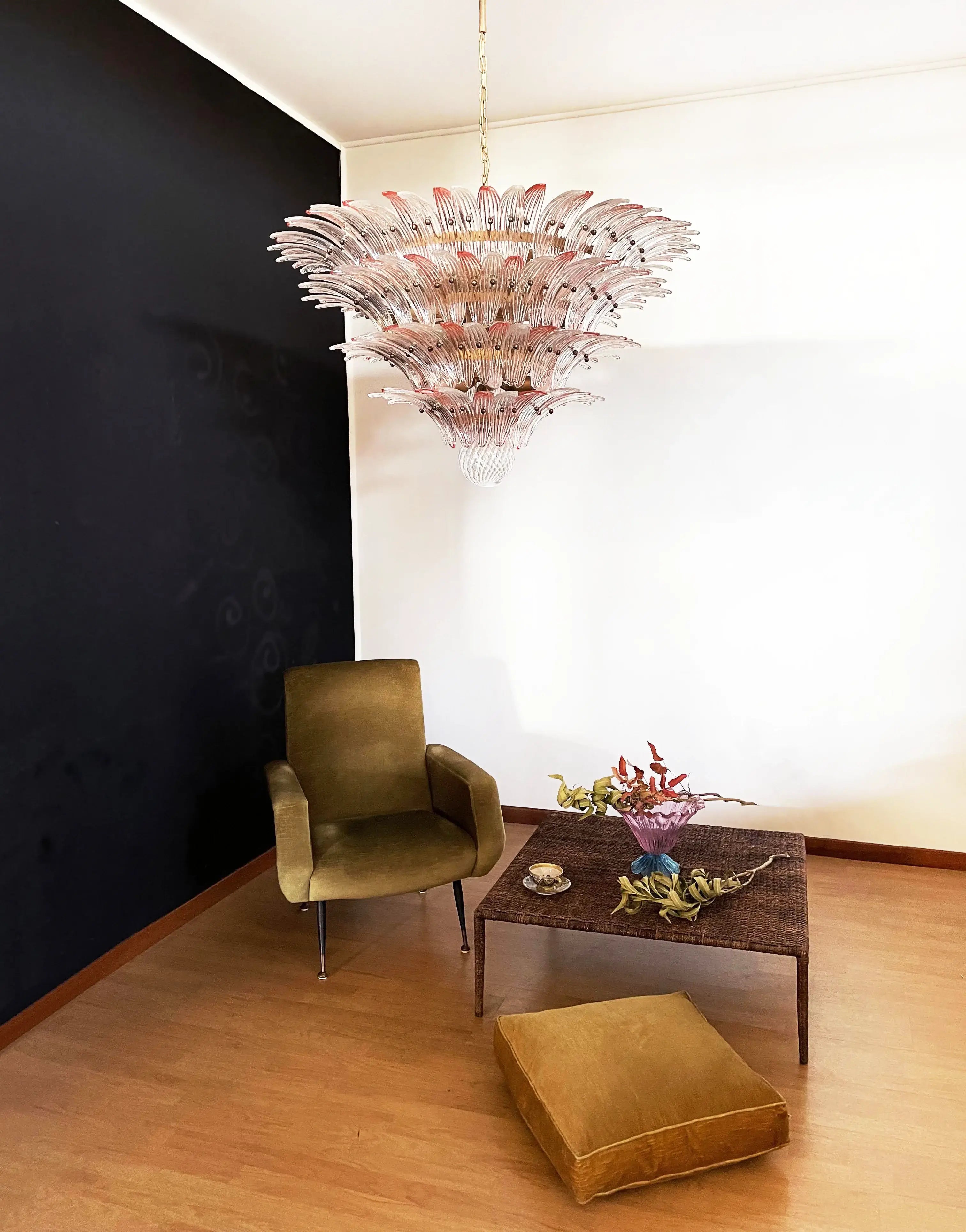 murano-glass-palmette-pink-transparent-chandelier-elegant-modern-hanging-light-fixture