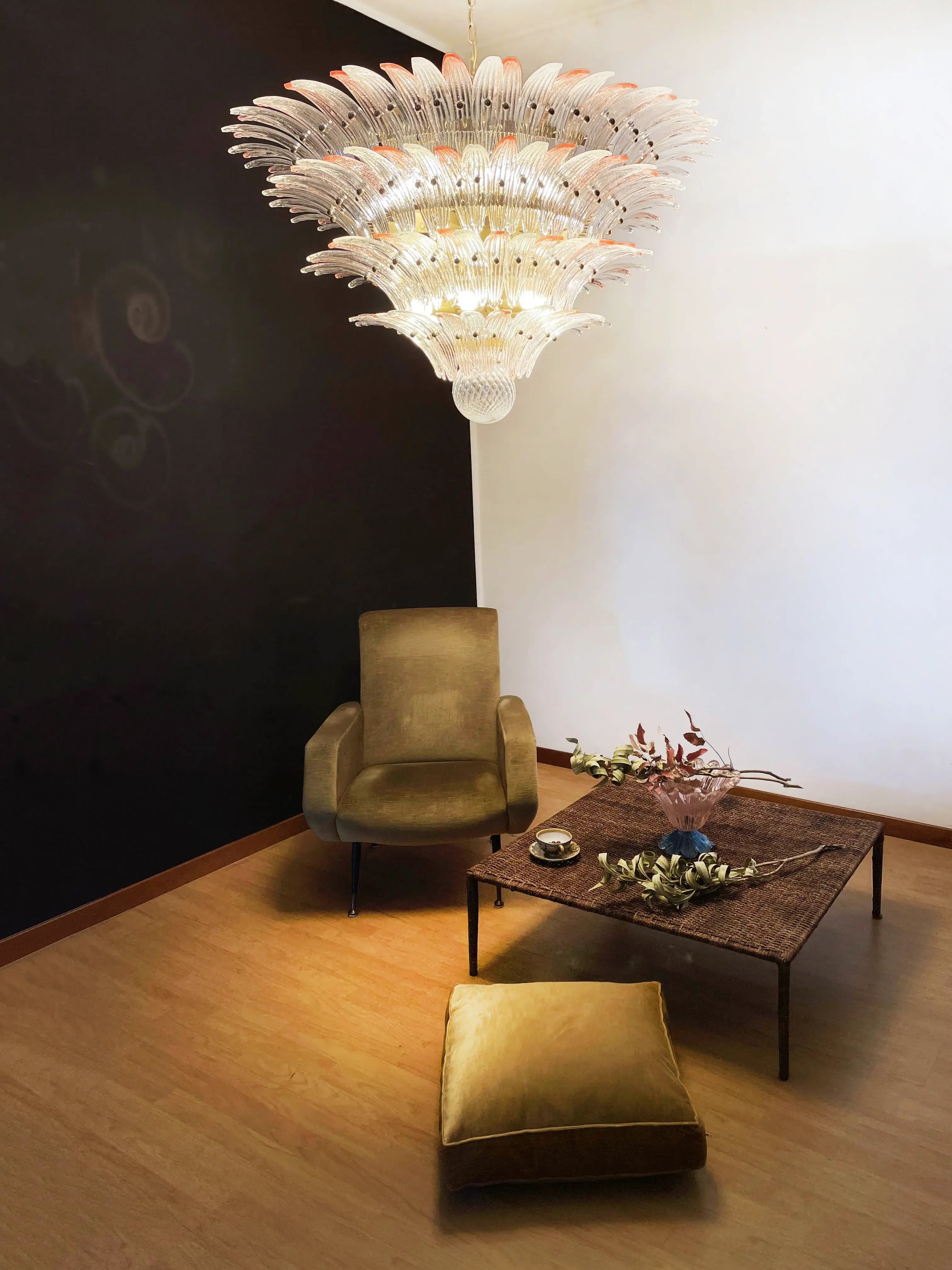 murano-glass-palmette-pink-transparent-chandelier-elegant-modern-hanging-light-fixture