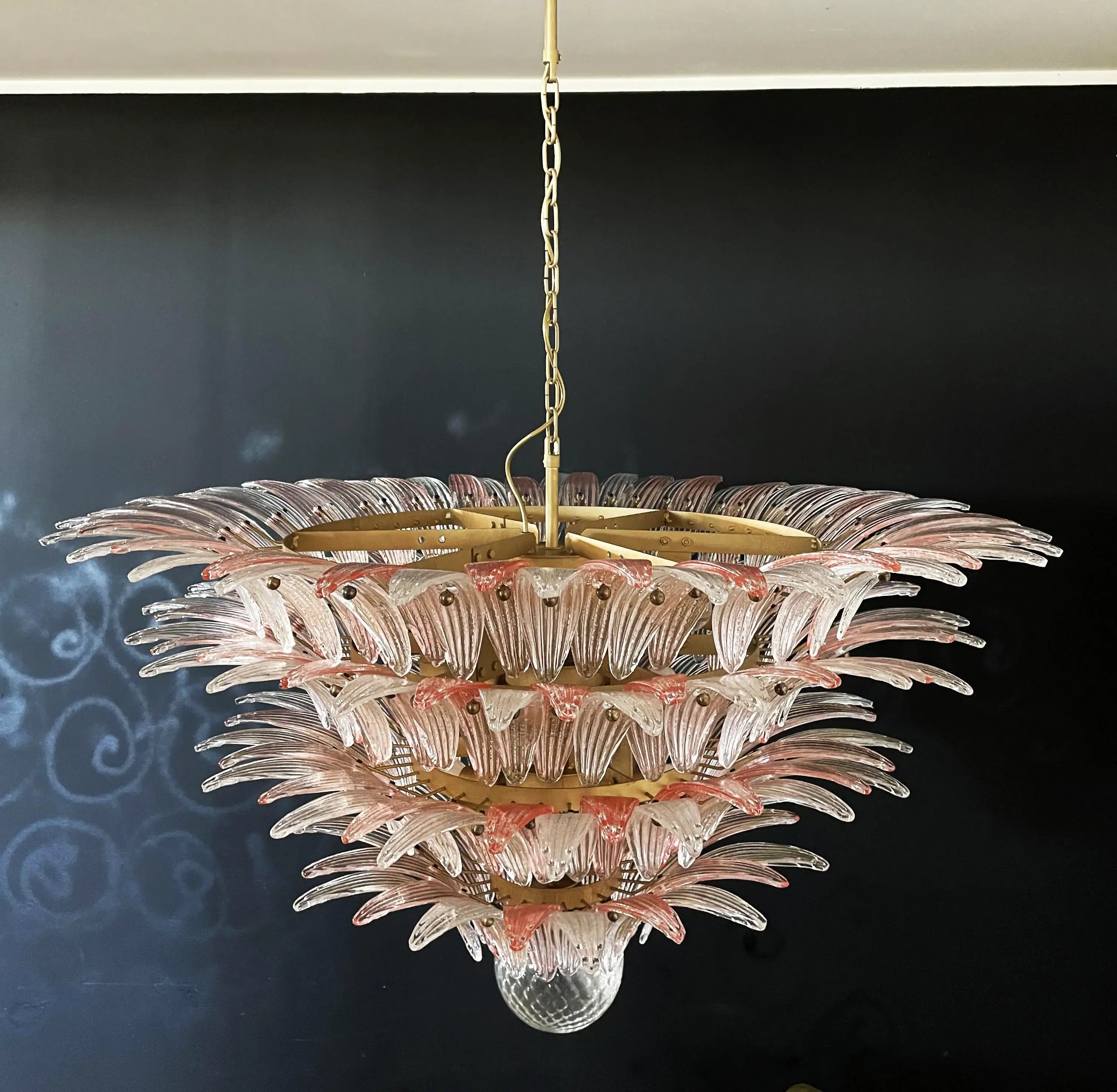 murano-glass-palmette-pink-transparent-chandelier-elegant-modern-hanging-light-fixture