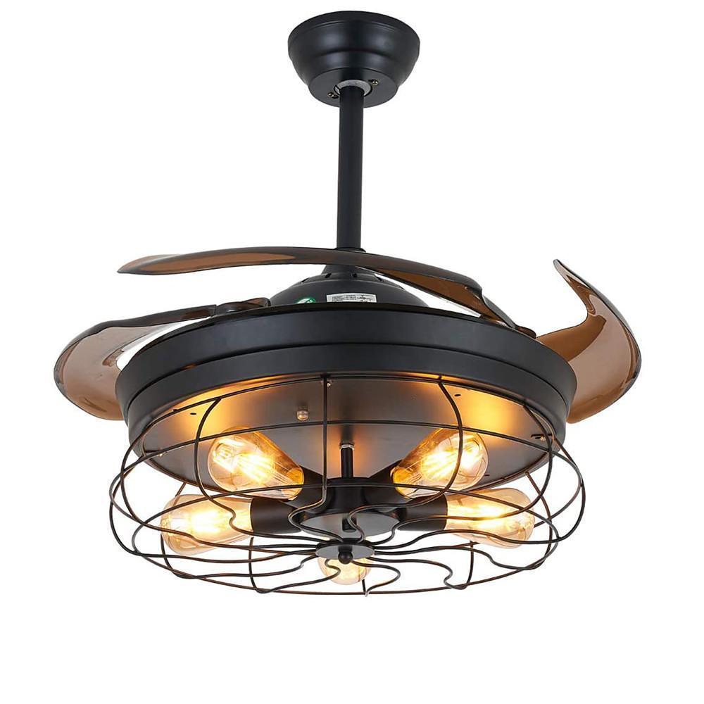 43 Inch Black Industrial Retractable Ceiling Fan with Lantern Light for Living Room