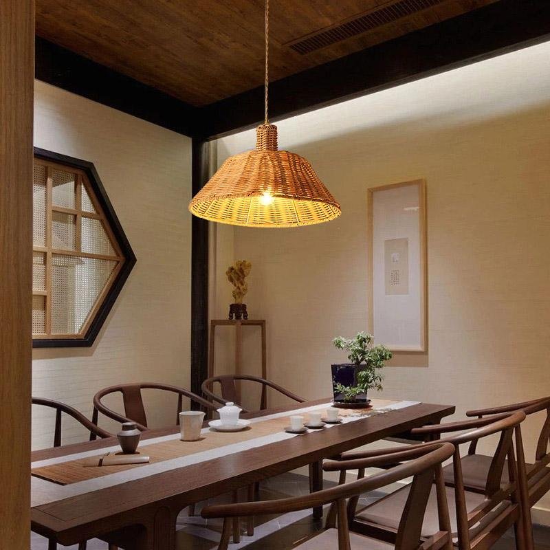 Natural Bamboo Bell Shaped Pendant Light Woven Farmhouse Ceiling Lamp Burlywood