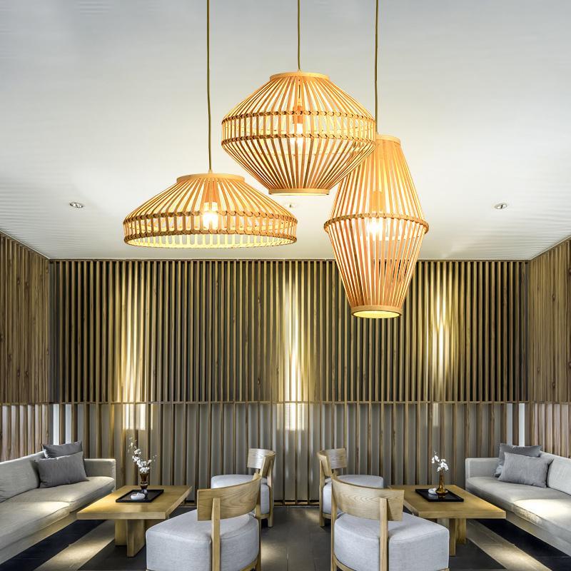 Natural Bamboo Farmhouse Pendant Lights Diamond Shape Circular Hanging Fixtures for Kitchen Island