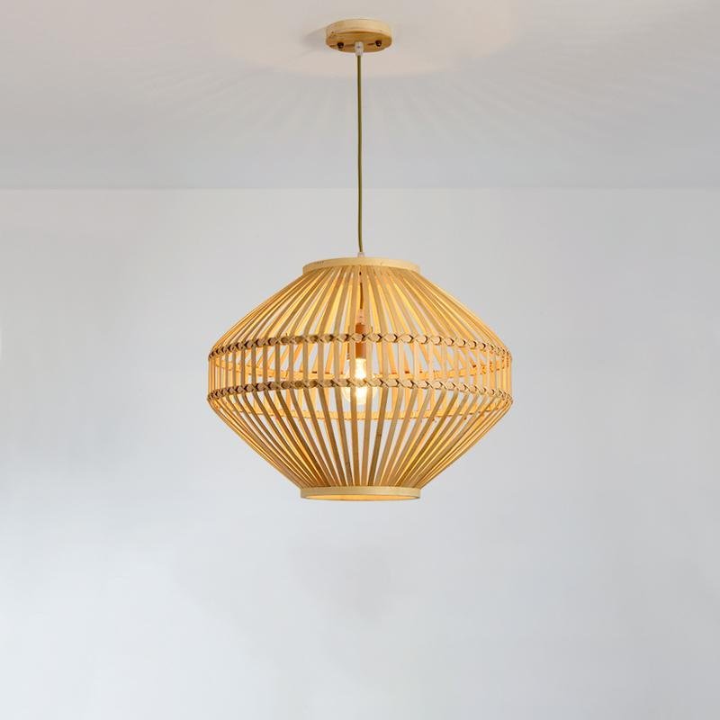 Natural Bamboo Farmhouse Pendant Lights Diamond Shape Circular Hanging Fixtures for Kitchen Island