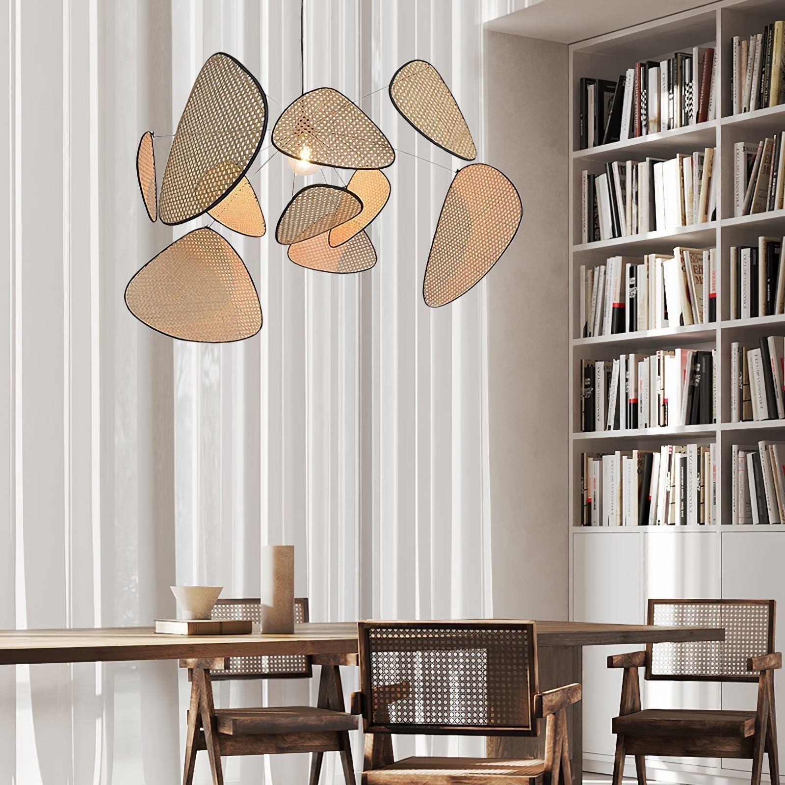 Natural Bamboo Screen Cannage Rattan Chandelier Retro Industrial Suspension Light
