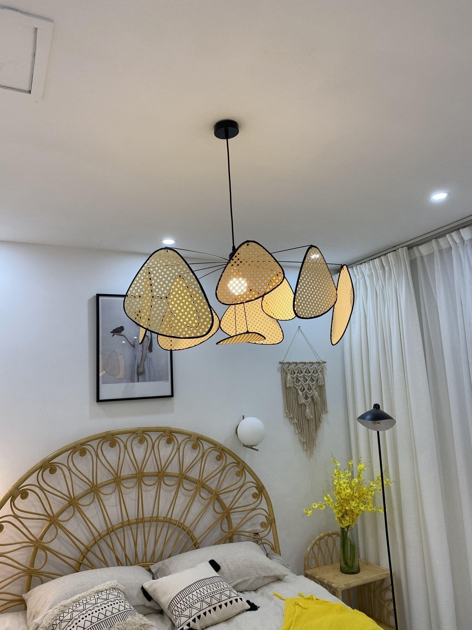 Natural Bamboo Screen Cannage Rattan Chandelier Retro Industrial Suspension Light
