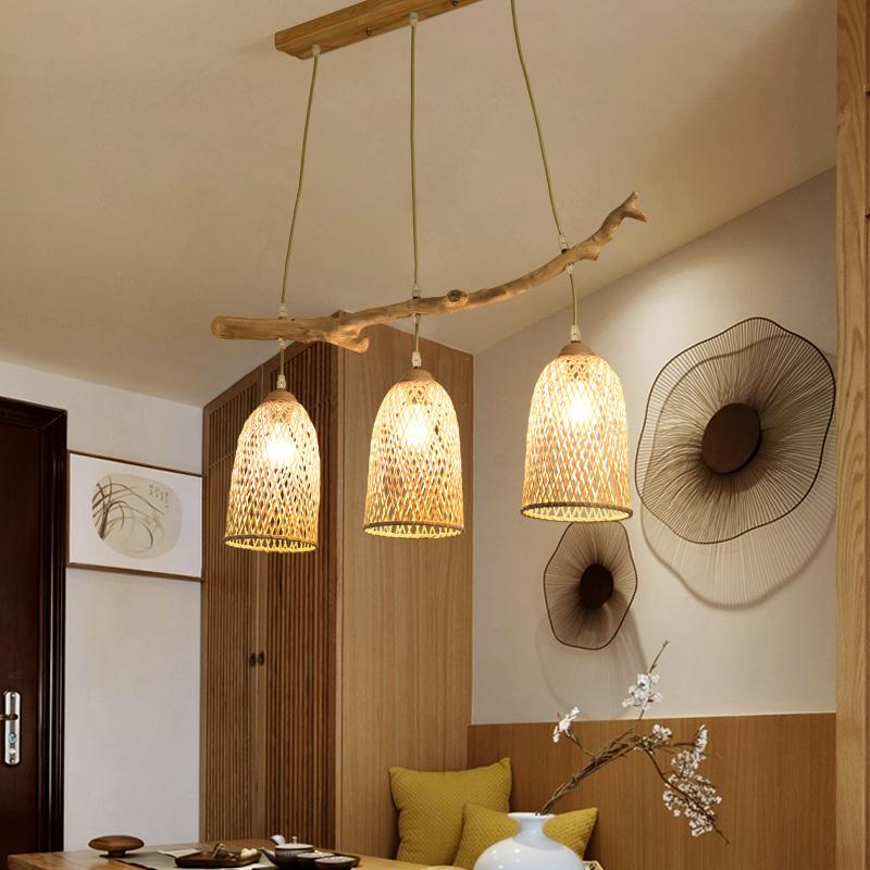 Natural Bamboo Triple Shade Farmhouse Chandelier with Real Tree Branch Hanging Pendant Light