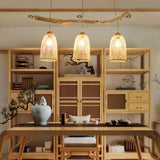 Natural Bamboo Triple Shade Farmhouse Chandelier with Real Tree Branch Hanging Pendant Light