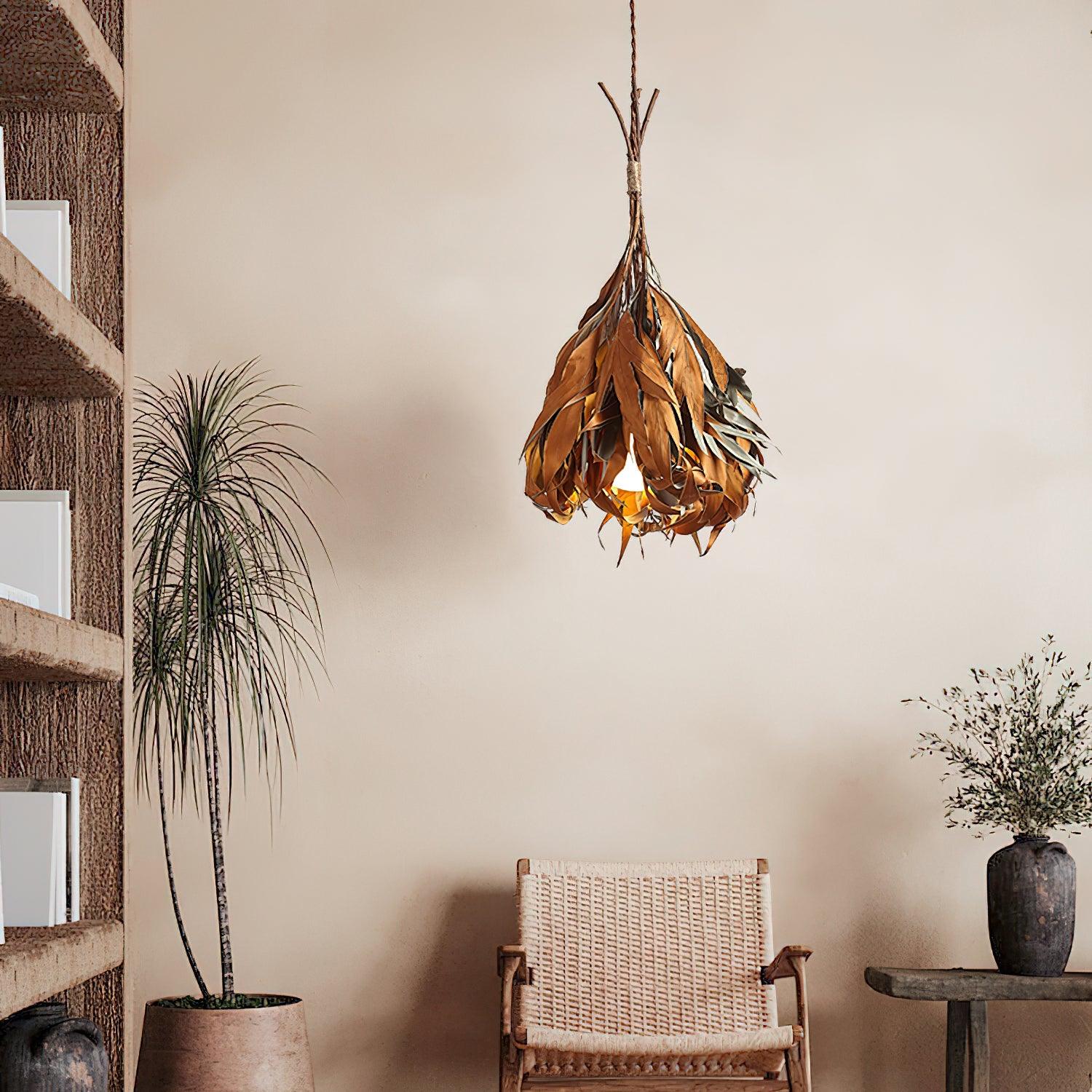Natural Organic Dried Branch and Leaf Pendant Lamp Rustic Wood Leaf Chandelier