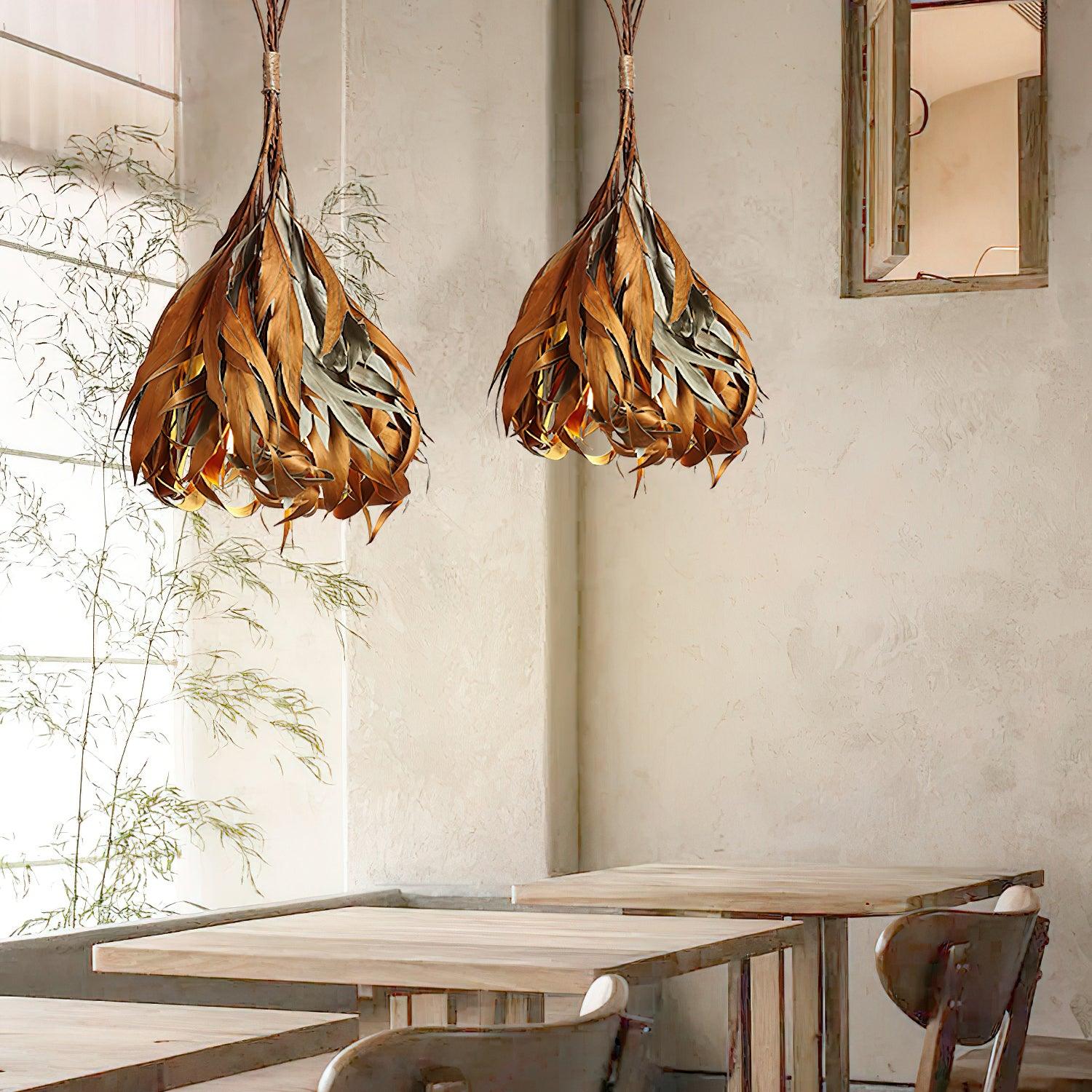 Natural Organic Dried Branch and Leaf Pendant Lamp Rustic Wood Leaf Chandelier