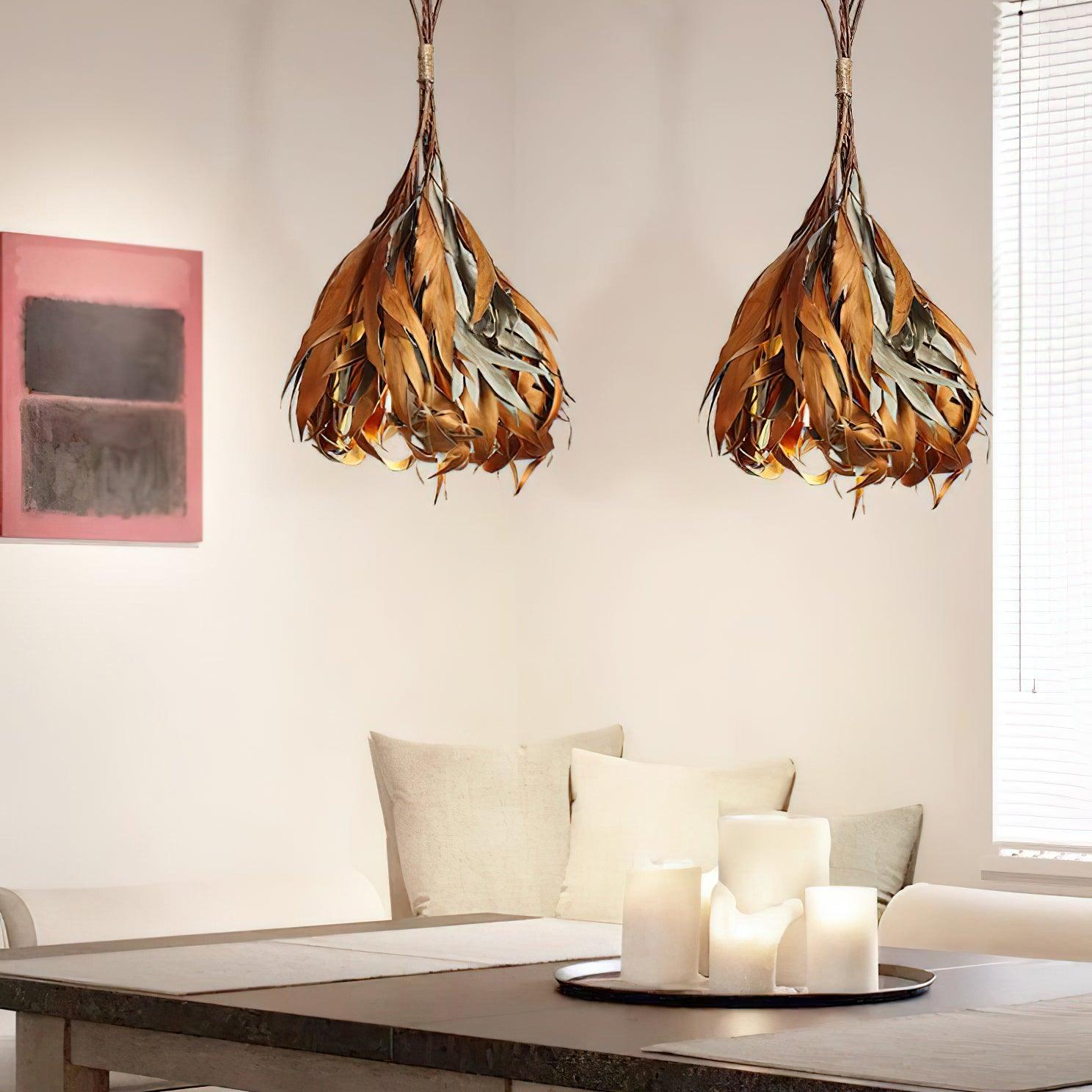 Natural Organic Dried Branch and Leaf Pendant Lamp Rustic Wood Leaf Chandelier
