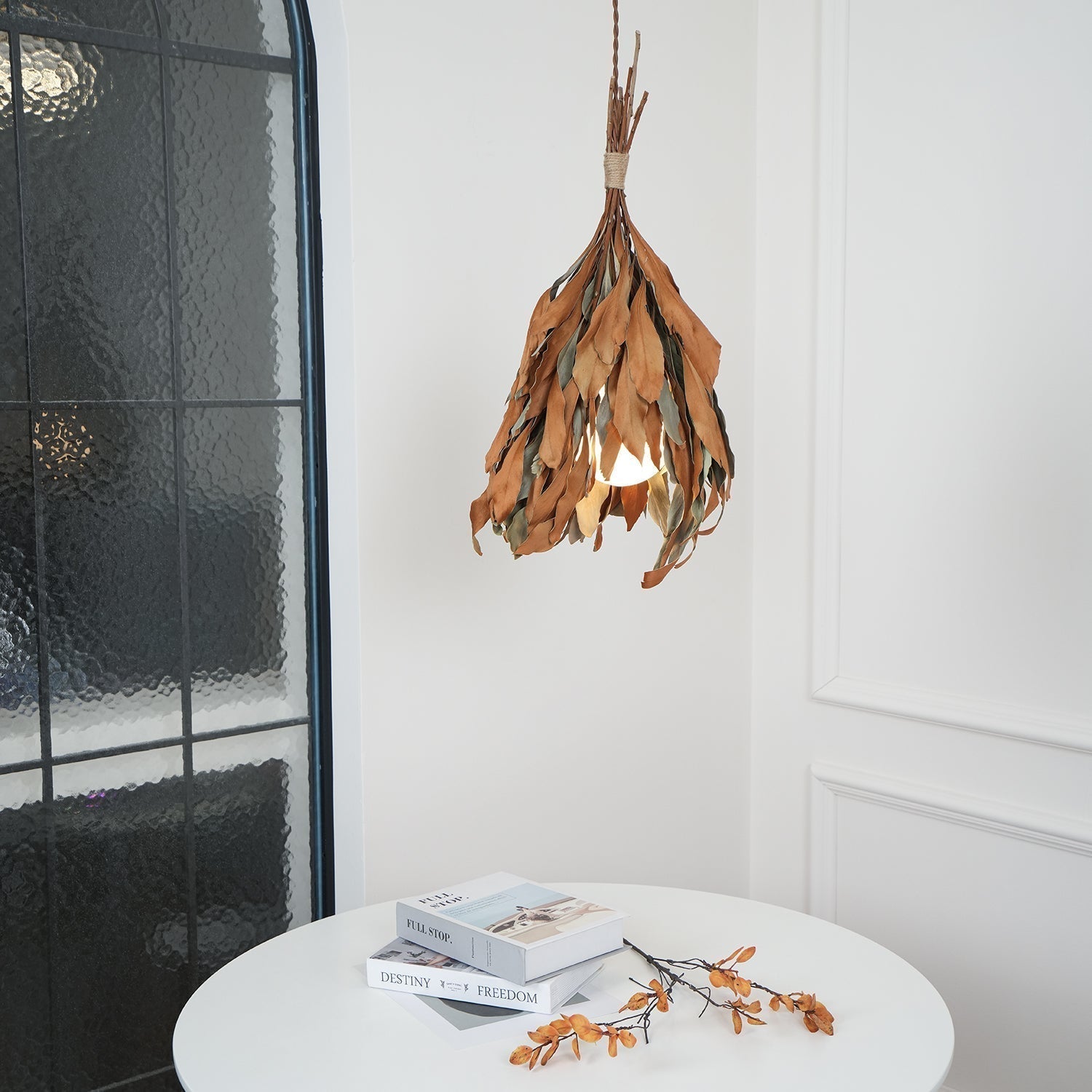 Natural Organic Dried Branch and Leaf Pendant Lamp Rustic Wood Leaf Chandelier