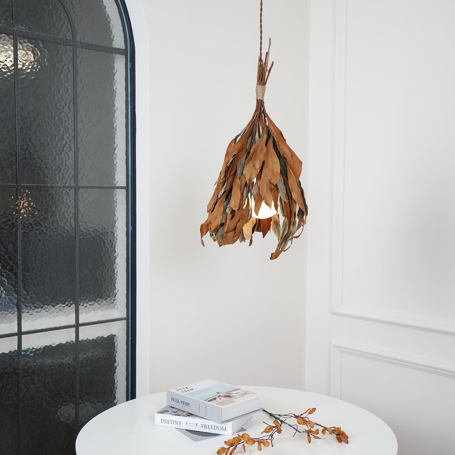 Natural Organic Dried Branch and Leaf Pendant Lamp Rustic Wood Leaf Chandelier