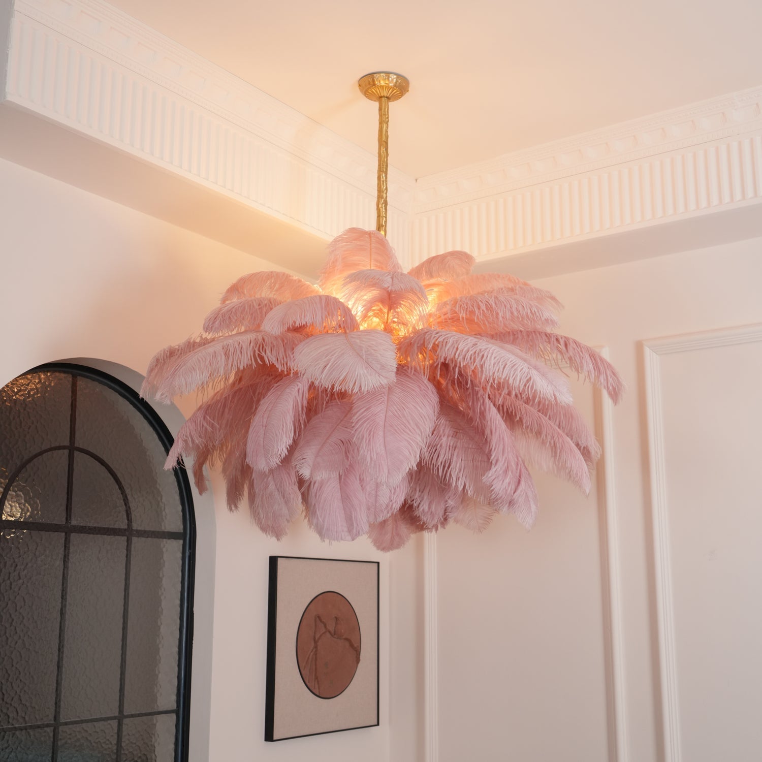 Natural Ostrich Feather Gasolier Chandelier with Polished Brass Frame for Luxury Interiors