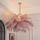 Natural Ostrich Feather Gasolier Chandelier with Polished Brass Frame for Luxury Interiors