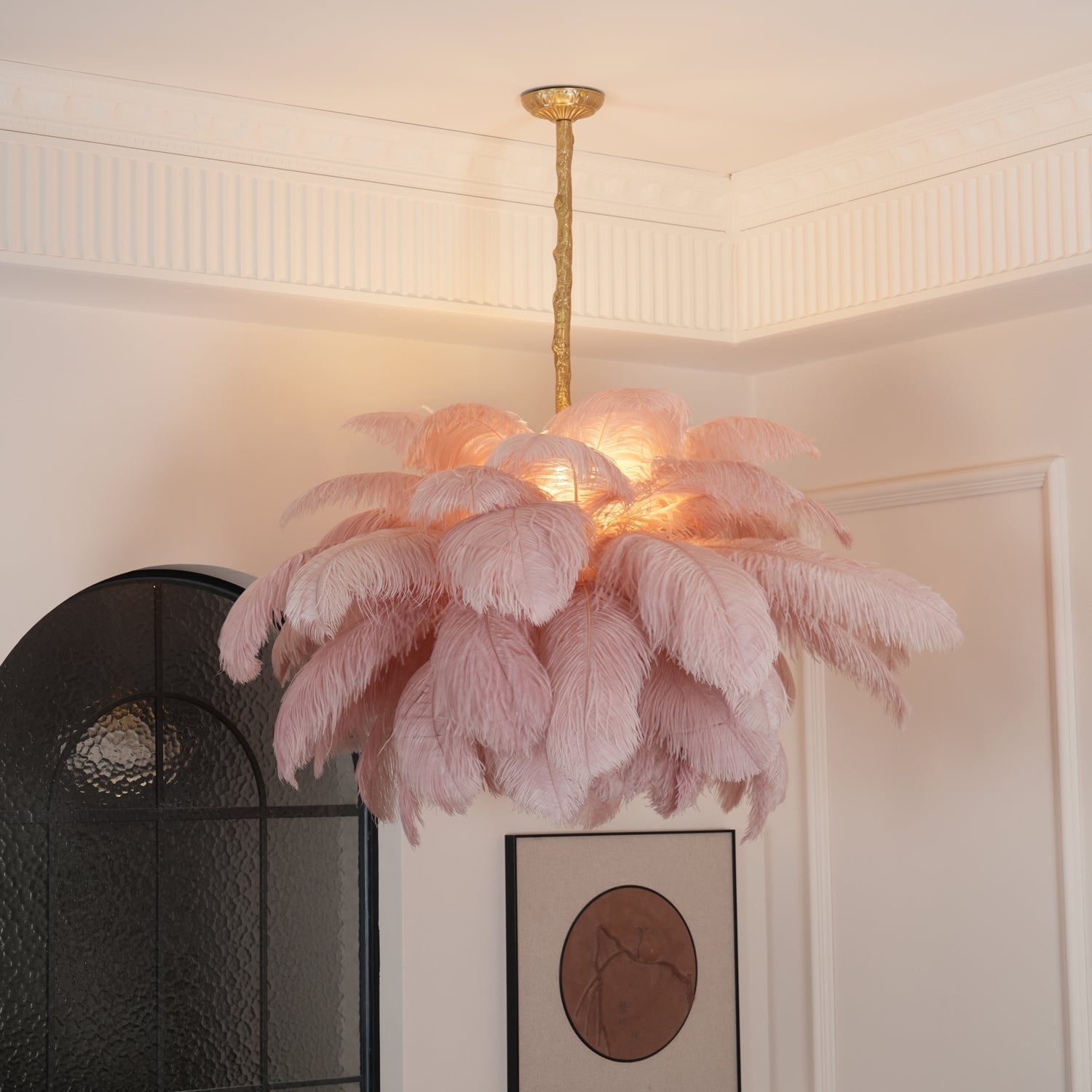Natural Ostrich Feather Gasolier Chandelier with Polished Brass Frame for Luxury Interiors