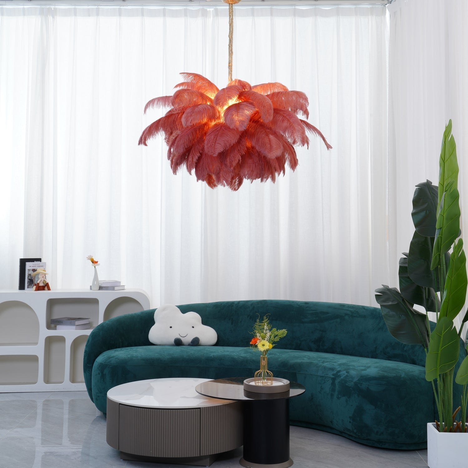 Natural Ostrich Feather Gasolier Chandelier with Polished Brass Frame for Luxury Interiors