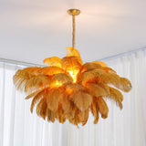 Natural Ostrich Feather Gasolier Chandelier with Polished Brass Frame for Luxury Interiors