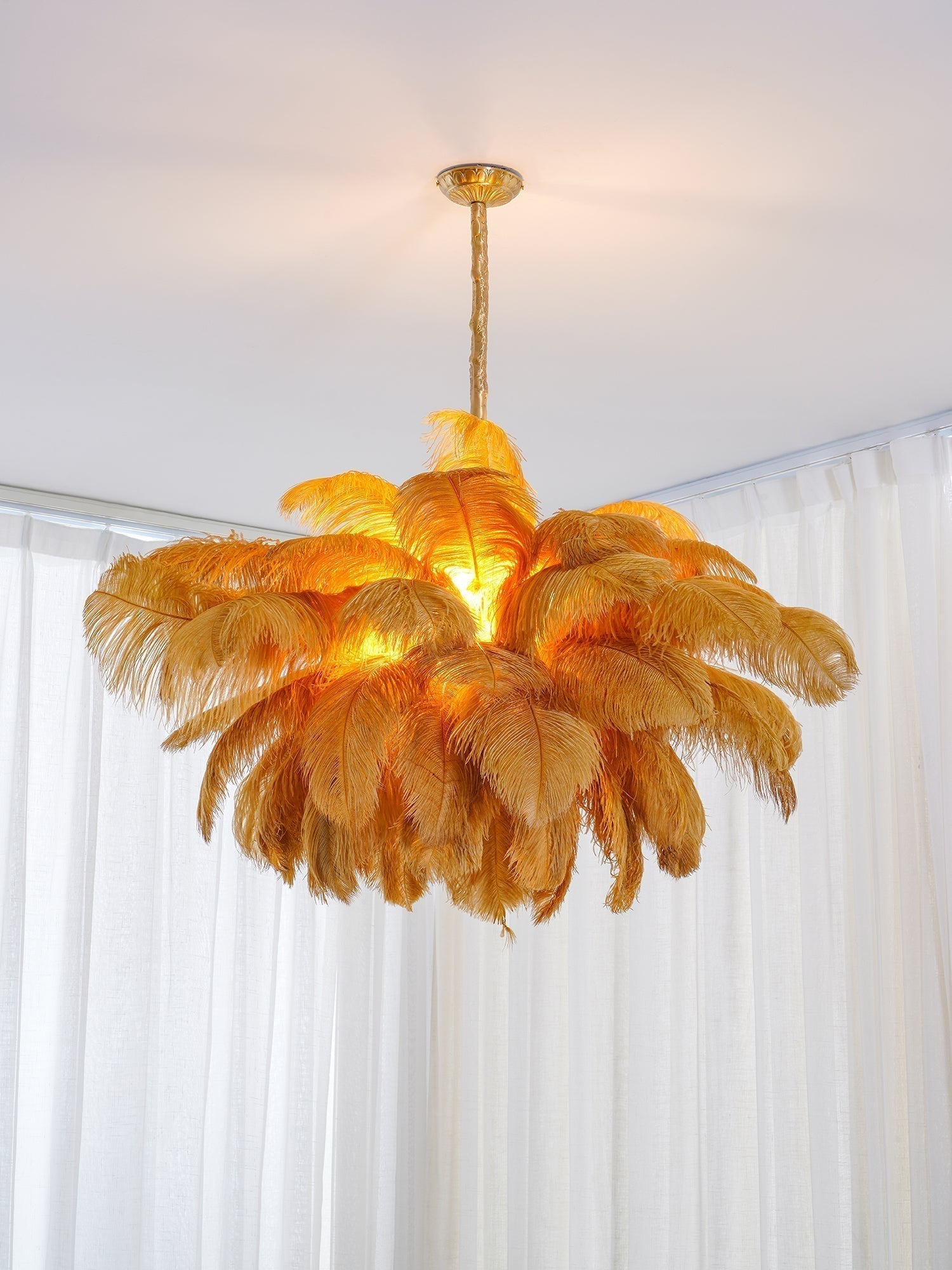 Natural Ostrich Feather Gasolier Chandelier with Polished Brass Frame for Luxury Interiors