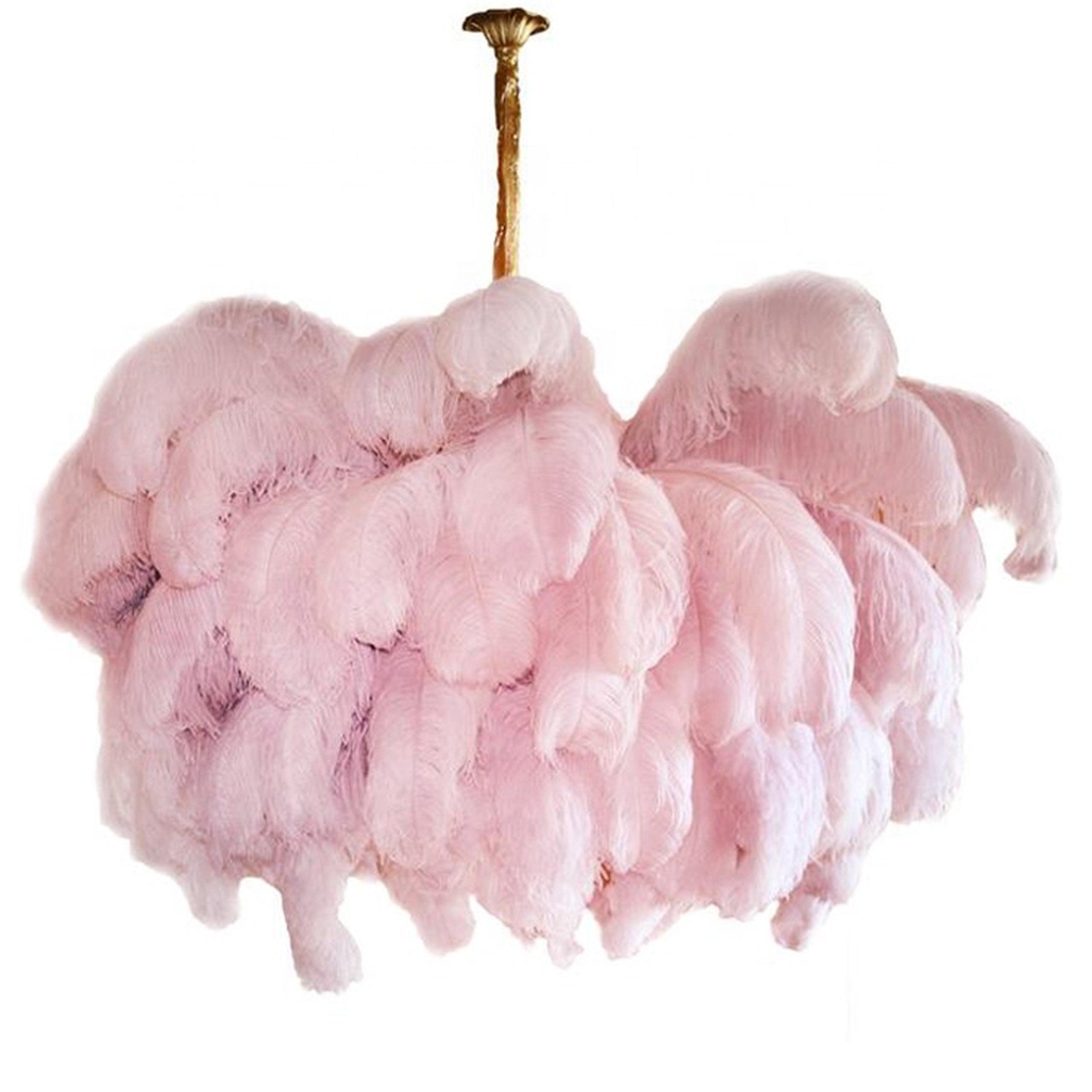 Natural Ostrich Feather Gasolier Chandelier with Polished Brass Frame for Luxury Interiors