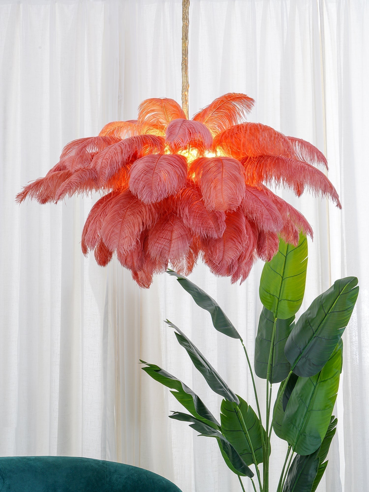 Natural Ostrich Feather Gasolier Chandelier with Polished Brass Frame for Luxury Interiors