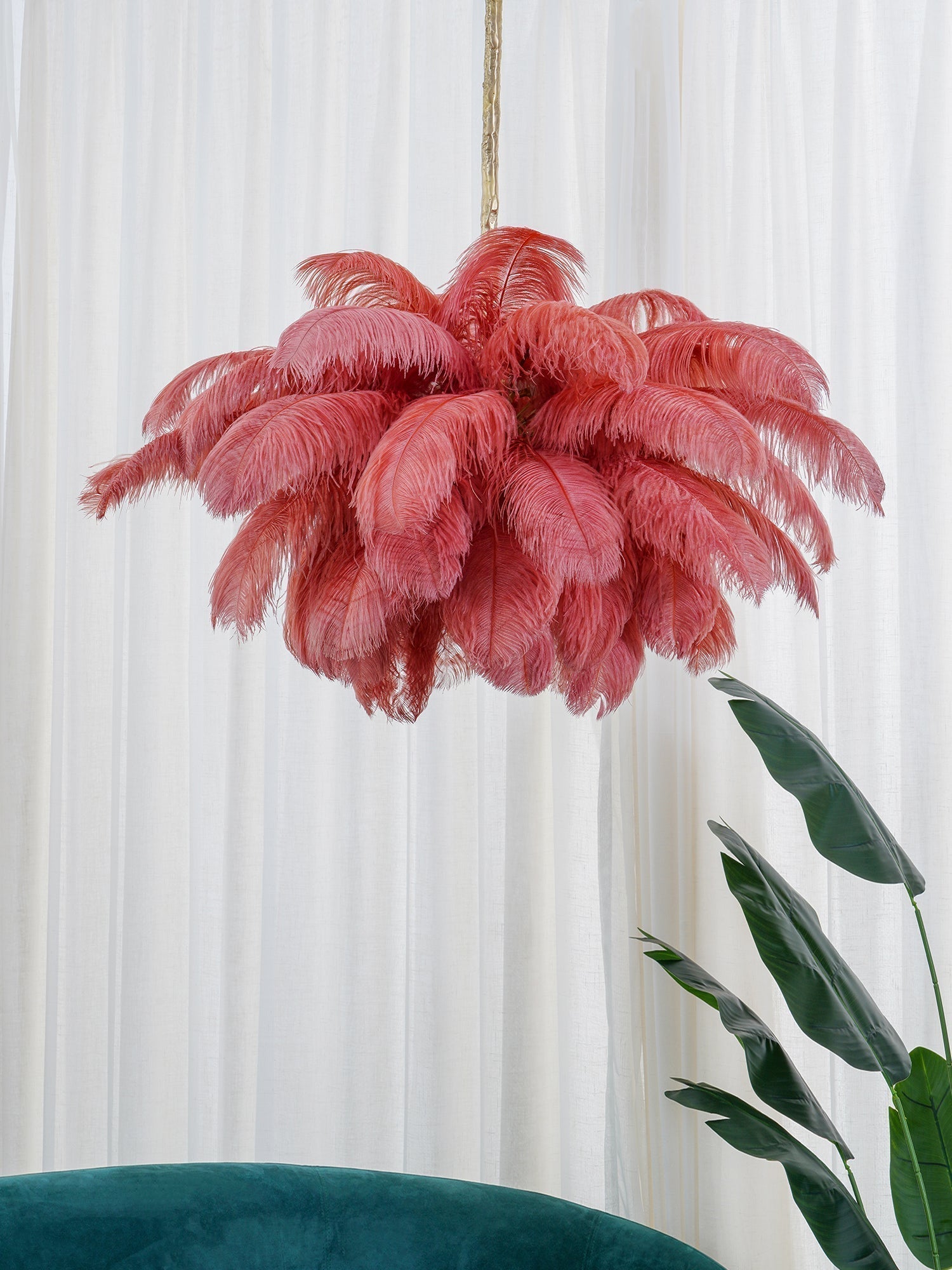 Natural Ostrich Feather Gasolier Chandelier with Polished Brass Frame for Luxury Interiors
