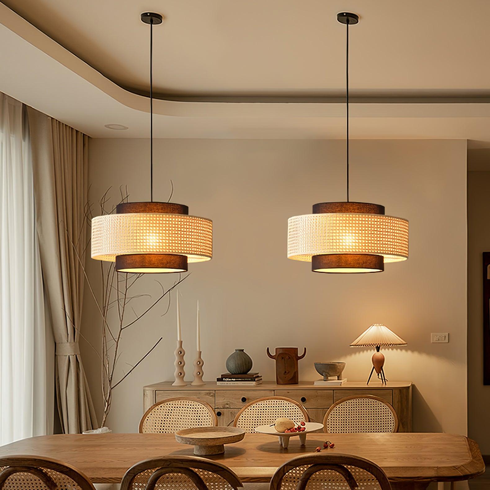 Natural Rattan and Black Linen Dual Layer Drum Pendant Light for Modern Living Spaces