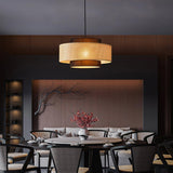 Natural Rattan and Black Linen Dual Layer Drum Pendant Light for Modern Living Spaces