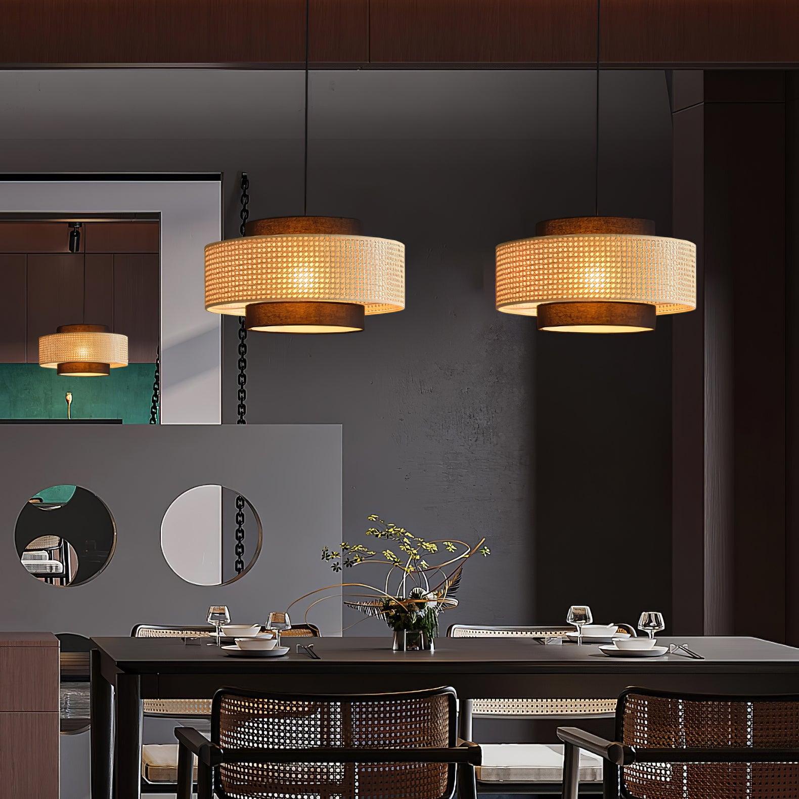 Natural Rattan and Black Linen Dual Layer Drum Pendant Light for Modern Living Spaces