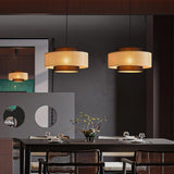Natural Rattan and Black Linen Dual Layer Drum Pendant Light for Modern Living Spaces