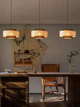 Natural Rattan and Black Linen Dual Layer Drum Pendant Light for Modern Living Spaces