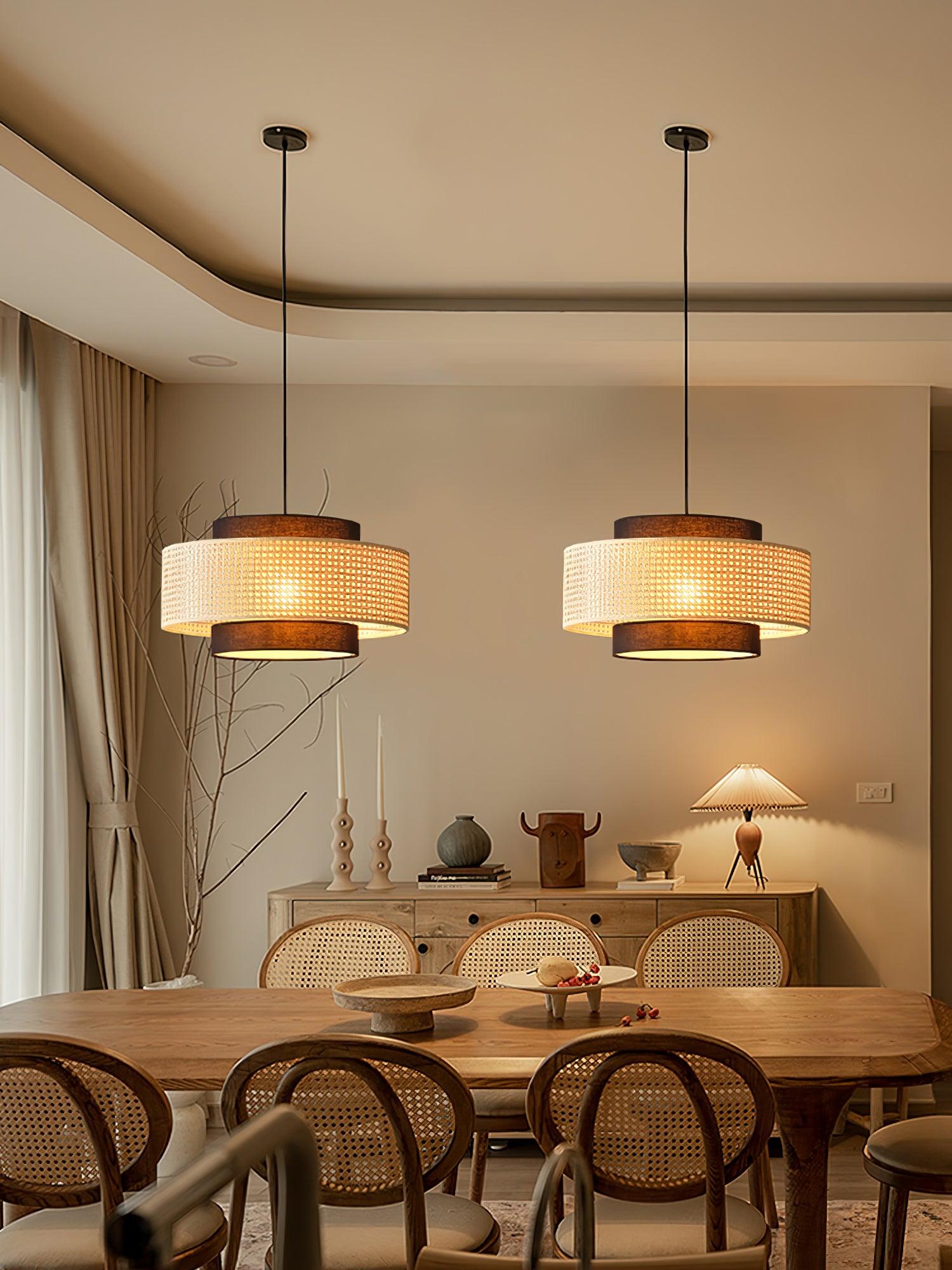 Natural Rattan and Black Linen Dual Layer Drum Pendant Light for Modern Living Spaces