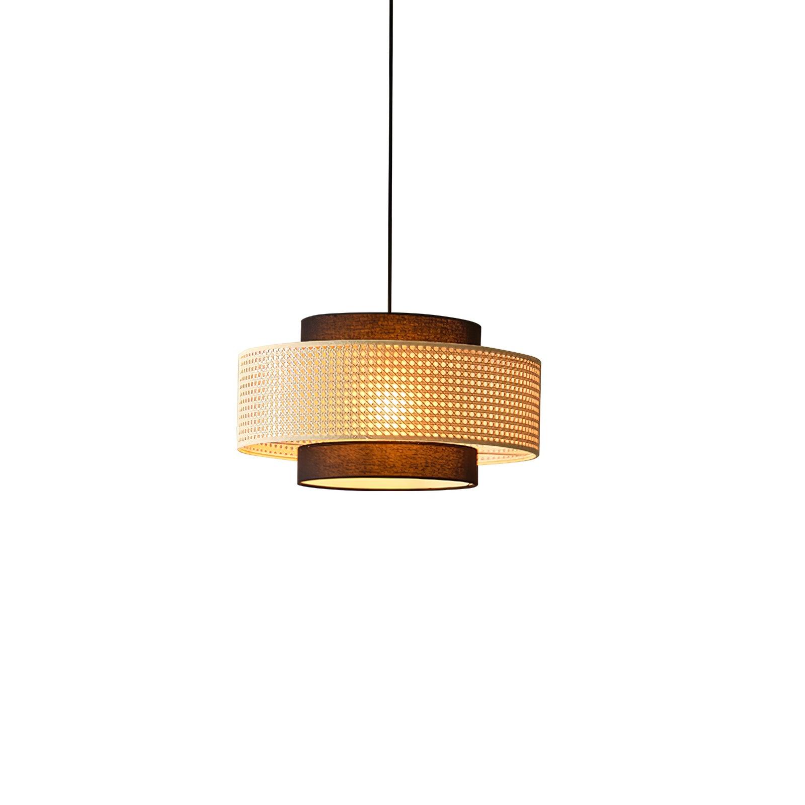 Natural Rattan and Black Linen Dual Layer Drum Pendant Light for Modern Living Spaces