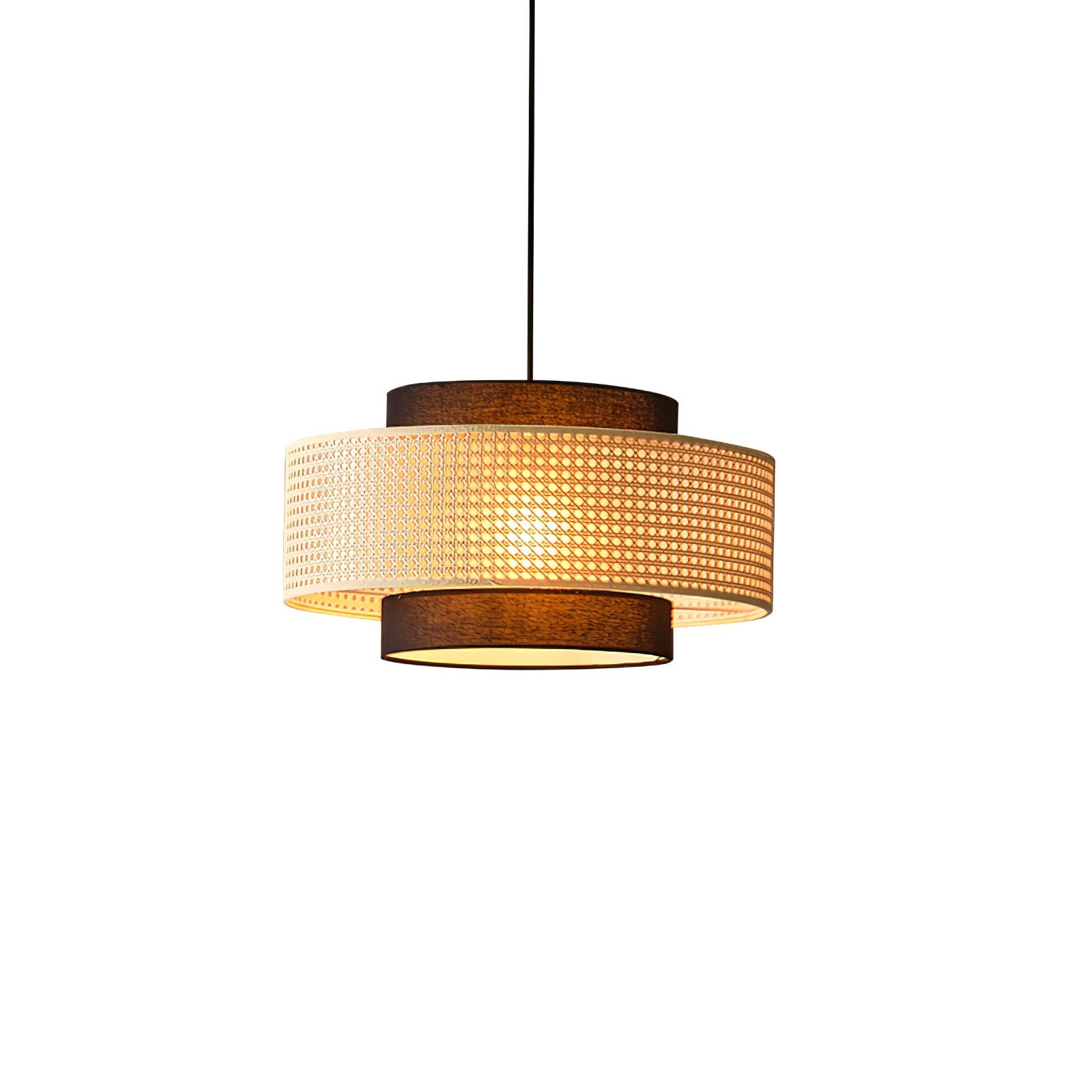 Natural Rattan and Black Linen Dual Layer Drum Pendant Light for Modern Living Spaces