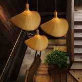 Natural Rattan Weave Hat Pendant Light Boho Style Woven Ceiling Hanging Lamp